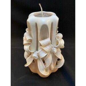 Vintage Hand Carved Ribbon Wax Pillar Artisan Rosettes Candle White Cream Blush